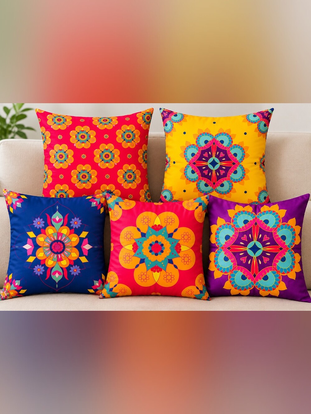 5 Decorative Cushion Covers – 40×40 cm – Colourful Indian/Boho Design